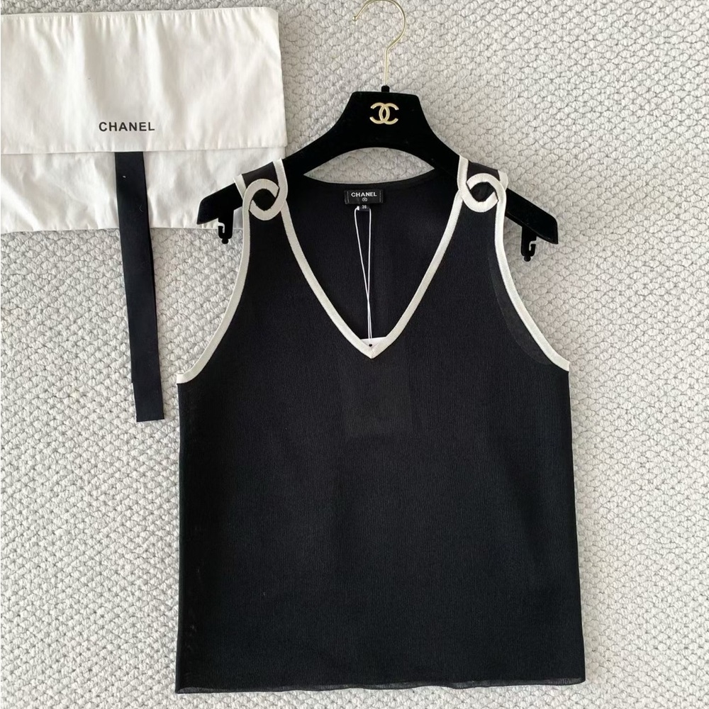 CHANEL Black Knit V-Neck Tank with White Trim & Shoulder Loop Detail